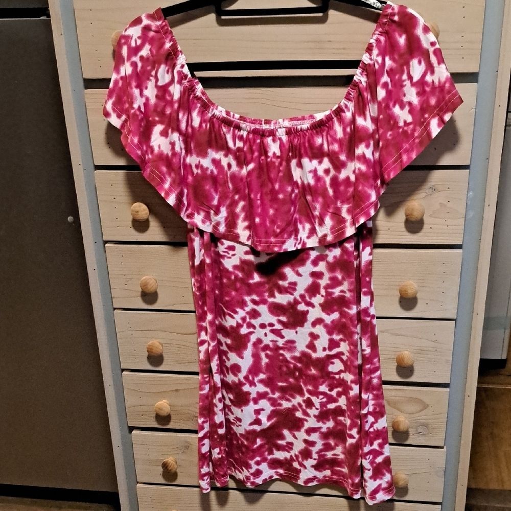 Fuschia And White Special One Off-Shoulder Top Large- Boho-